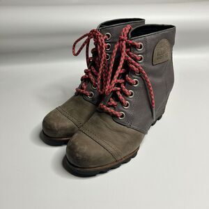Sorel PDX NL2174-051 Grey Brown Leather Wedge Lace Up Ankle Boots Womens 8